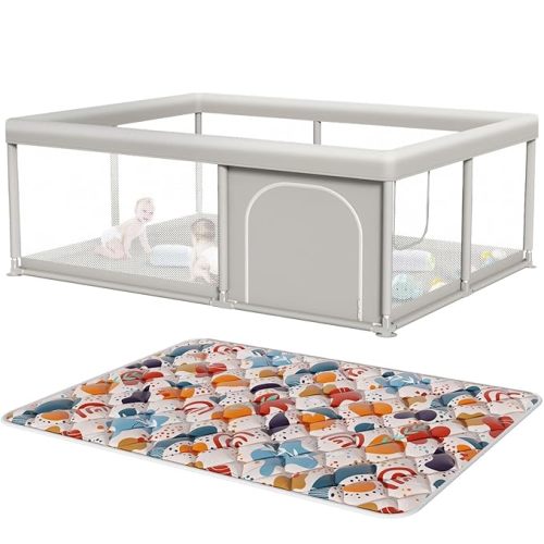 Baby Playpen with Mat 65 x 50 Inch, PlayPen for Babies and Toddlers, Sturdy Safety Play Yard for Indoor & Outdoor with Zipper Gates