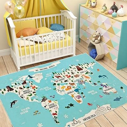 Animal Kids Rug 4x6Ft Large World Map Play Carpet Mat for Boys Girls Bedroom Classroom Washable Nursery Rug for Crawling Nonskid Faux Wool Playroom Rug, Blue