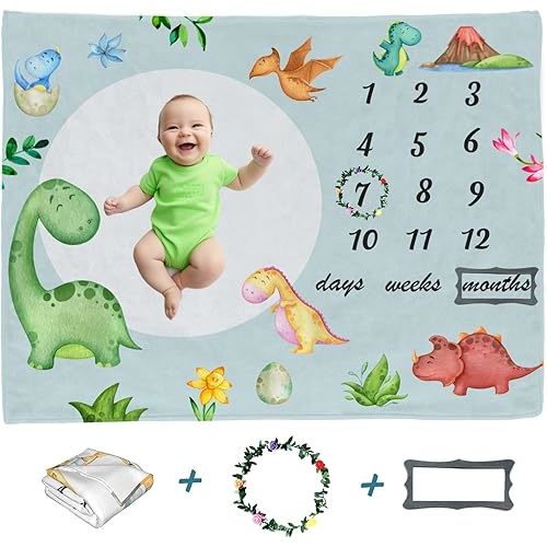 Baby Milestone Blanket for boy Watercolor Cute Dinosaur Monthly Newborn Growth Chart Tracker Photography Background Newborn Photo Prop Months Weeks Days