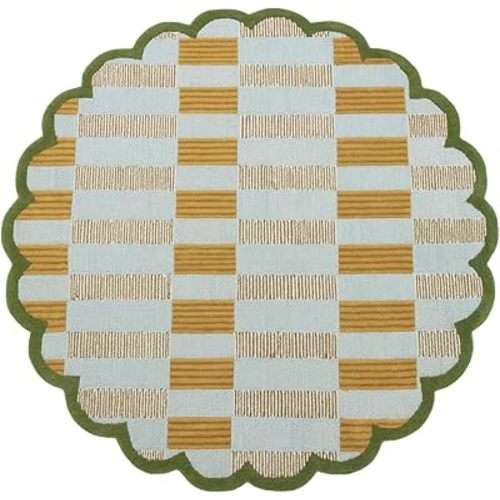 7x7 ROUND Hand-Tufted Wool Rug with Scalloped Edges, Light Blue Plaid Pattern