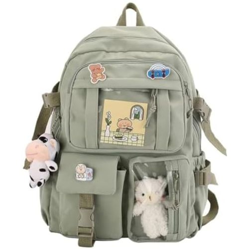 Cute Backpack with Cute Pin Accessories Plush Pendant for School Bag Student Girl Backpack Super-Capacity Waterproof Travel Backpack(Green-2)