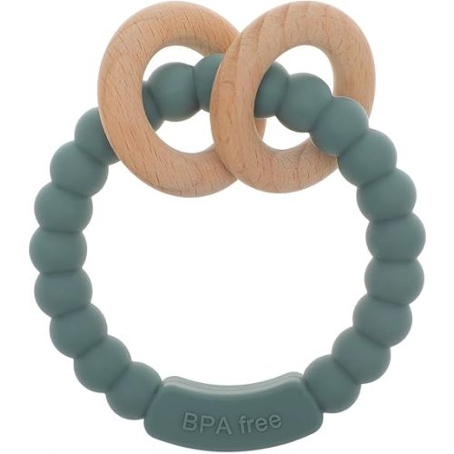 Baby Teether, One Piece Design Silicone & Beech Teething Ring Toy for Babies, BPA Free (Hunter Green)