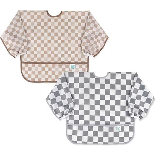 Bumkins - Sleeved Bib -For Boys & Girls, Babies & Toddlers 6-24 Months - Lightweight, Durable, Waterproof - Long Sleeve Bib - Catch-All Pocket - Wipeable & Machine Washable -Beige & Gray Check -2 Pack