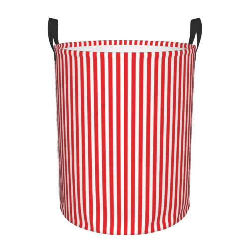 Rateoe Red And White Stripes Pattern Round Laundry Hamper Basket, Tall Hamper Basket for Blanket Storage, Nursery Clothes Hamper for Laundry in Bedroom and College Dorm-Medium