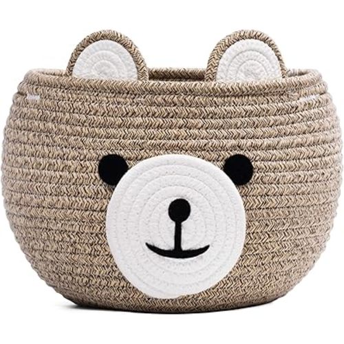 CherryNow Cotton Rope Basket Baby Basket for Nursery, Bear Gift Basket for Kids, Empty Baby Shower Basket with Handles, Small Cute Animal Basket, Light Brown, 10.5"D x 8.5"H