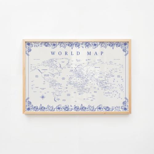 Toile World Map Print — Detailed World Map Big Poster World Map Wall Art Floral Map Poster Travel Decor Botanical World Map Toile Decoration