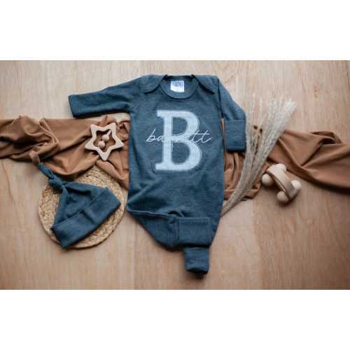 Personalized neutral baby romper with fold over footies, forest hat, custom boy coming home outfit, baby shower gift, Charcoal gray