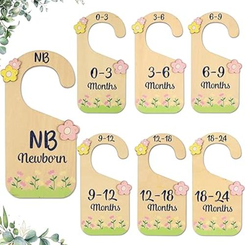 Baby Closet Dividers for Clothes Organizer - Set of 7 Wooden Double-Sided Baby Clothes Size Hanger Organizer from Newborn to 24 Months for Baby Girls Nursery Decor.