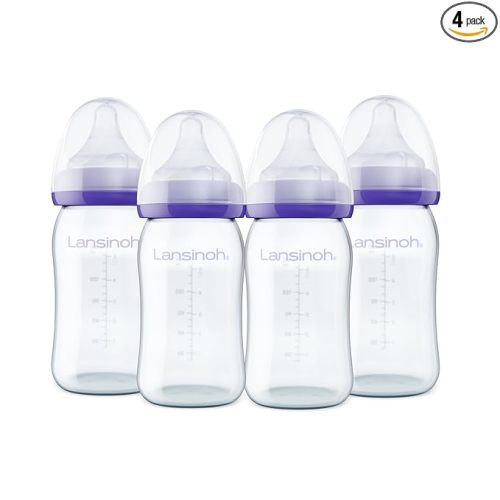 Lansinoh Anti-Colic Glass Baby Bottles, 5 Ounces, 4 Count Bottles for Feeding, Baby Essentials, Includes 4 Slow Flow Nipples, Size S