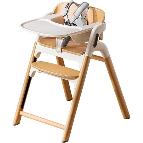 Momcozy DinerPal Wooden High Chair for Babies, Toddlers & Adults Up to 308 Lbs, Convertible Baby Highchair with Food-Grade Tray, Dishwasher-Safe, Adjustable & Ergonomic, Natural Wood