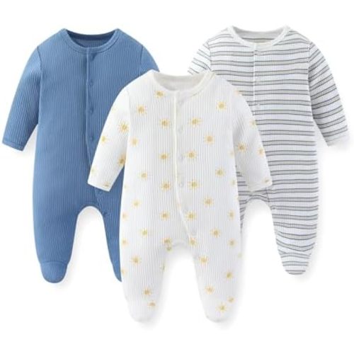 Unisex Baby Boy Girl Footies Rompers Cotton Long Sleeve 3 Pack Infant Jumpsuits 0-12Months Babies' Outfits