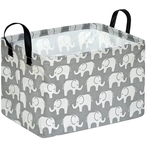 KUNRO Rectangle Toy Bin Waterproof storage organizer for Nursery Hamper Home decor Closet Kids Bedroom Laundry Baby Gift Shelf Baskets(Elephant)