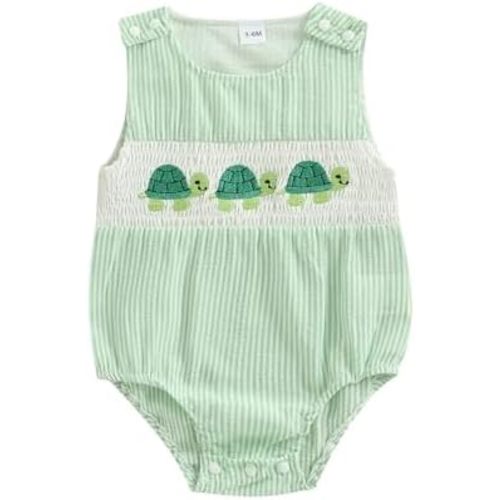 GOOCHEER Newborn Baby Boy Summer Outfit Octopus/Turtle Smocked Bubble Romper Striped Overall Sleeveless Bodysuit Clothes