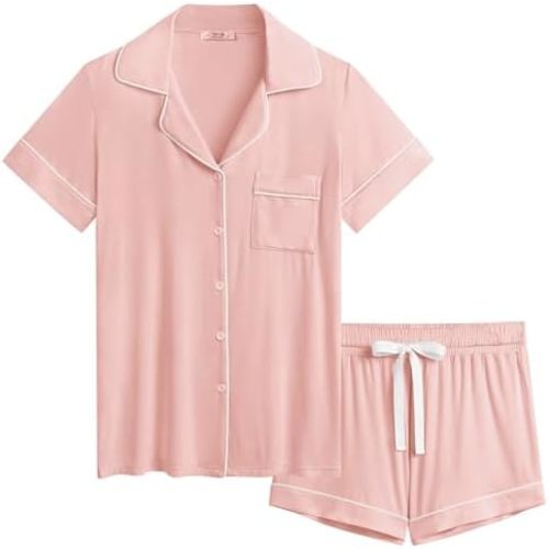 Cherrydew Women Bamboo Viscose Super Soft Comfy Summer Cooling Short Sleeve Button Down Pajama Shorts Set S-XXL