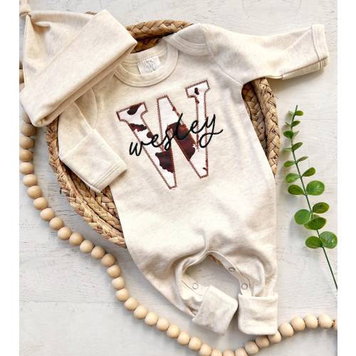 Personalized western baby romper and hat set, custom cow print boy coming home outfit, baby shower gift, Romper with fold over footies