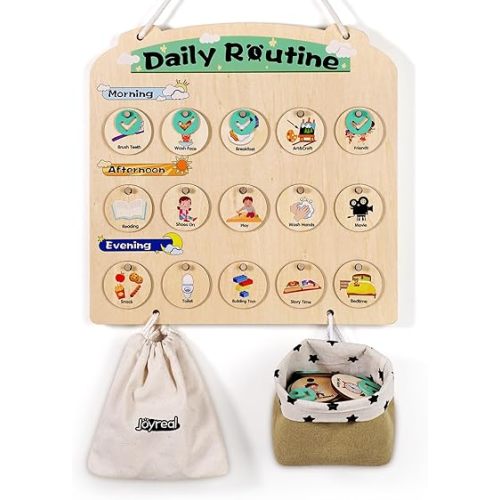 Wooden Visual Schedule for Kids 3-6 Year Old - Three Rows Hanging Daily Schedule Chart for Home & Classroom - Morning Bedtime Routine Chart Chore Reward Chart for Toddlers - Autism Learning Materials