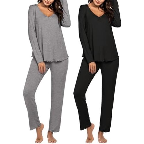 Ekouaer Womens 2 Pack Pajama Set Long Sleeve Pajamas Top and Pants V Neck Pjs Set Soft Sleepwear Loungewear