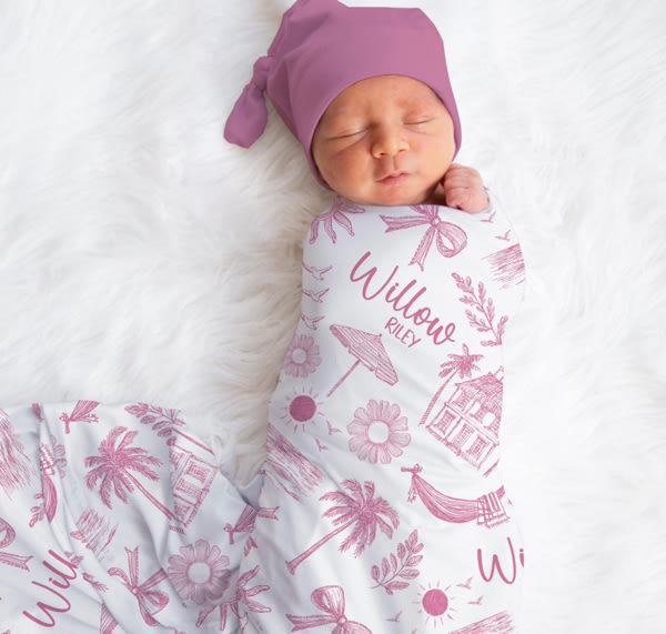 Personalized Pink Coastal Swaddle Blanket For Baby Shower, Custom Sun Newborn Baby Girl Gift Floral Toddler Name Blanket, Coming Home Outfit