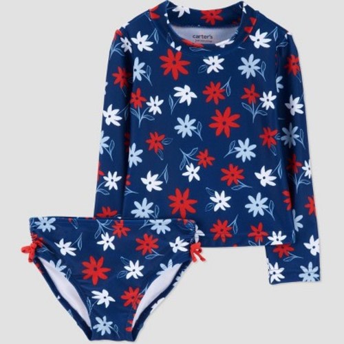 Carter's Just One You®️ Baby Girls' 4th of July Long Sleeve Floral Rash Guard Set - Red/White/Blue 12M: UPF 50+ Swimwear