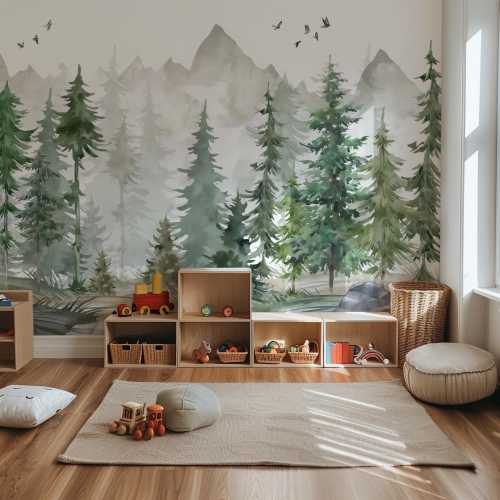 Watercolor Forest and Mountain Wallpaper