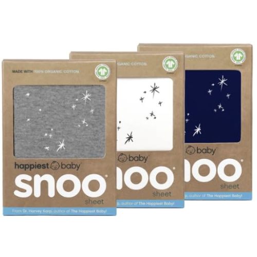 Happiest Baby SNOO Bassinet Fitted Sheet - 100% Organic Cotton Nursery Bedding - Fits SNOO Sleeper Crib Mattress - 3-Pack Bundle (White, Grey, Navy)