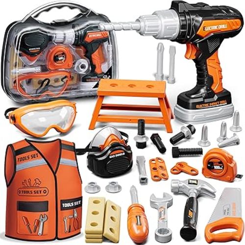 KidBloom Toddler Tool Set, Kids Tool Set with Toy Drill, Tools for Kids with Tool Box and Vest, Toys for 3 Year Old Boys
