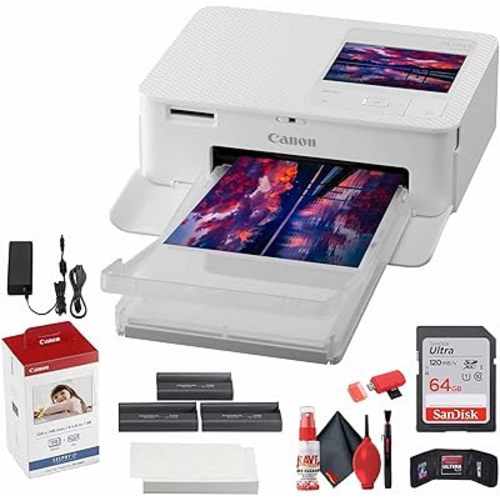 Canon SELPHY CP1500 Compact Photo Printer (White) (5540C002) KP-108IN Color Ink and Paper Set + 64GB Ultra Memory Card + Cleaning Kit + Memory Card Wallet + Card Reader