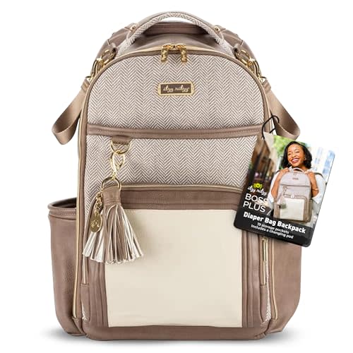 Itzy Ritzy Diaper Bag Backpack – Large Capacity Boss Plus Baby Backpack Diaper Bag Featuring 19 Pockets, Changing Pad, Stroller Clips, and Comfortable Backpack Straps, Vanilla Latte Boss Plus
