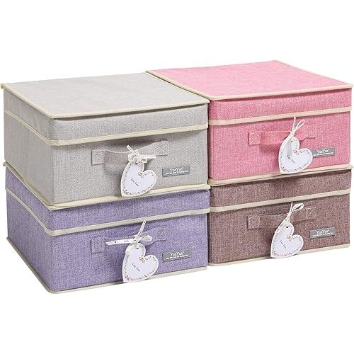YueYue Foldable Fabric Closet Organizer Bins Box Storage - 4 Pack 12.4 X 12 X 6.7 Inch Storage Bins With Lids 4 Light Color Basket Boxes - Bins Storage Box Collapsible Cloth Home Lid