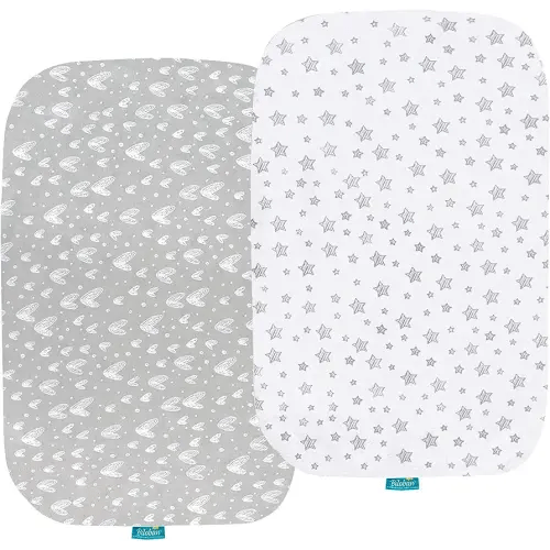Bassinet Sheets Compatible with Baby Delight Beside Me Dreamer Bassinet, 2 Pack, 100% Jersey Knit Cotton Fitted Sheets, Breathable and Heavenly Soft, Grey and White Print for Baby