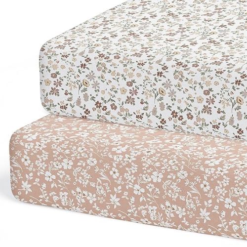 Crib Sheets Neutral - Fitted Baby Crib Sheets Bed for Girl Boy - 2 Pack Standard & Toddler Mattress (Fleurette) - Buttery Soft Organic Cotton Blend