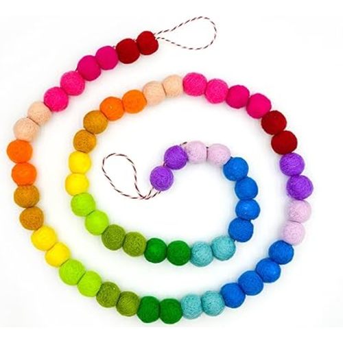 Colorful Wool Felt Ball Banner Garland, Handmade Rainbow Pom Pom Garland for Mantle, Wall, Table Centerpiece | Spring Decorations for Birthday, Christmas Home Kids Playroom Decor 6.56 Ft 60 Balls