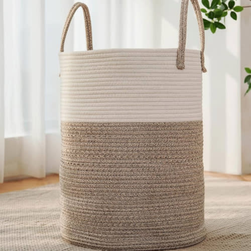 JMvicyroam Large Woven Laundry Basket Hamper,60L Cotton Rope Storage Bin for Blankets,Toys and Clothes,Decorative Tall Nursery Hamper for Living Room,Baby Nursery,Bathroom and Bedroom,Brown