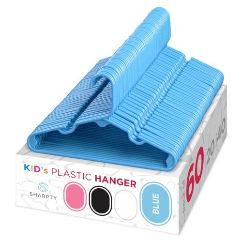 Sharpty Kids Plastic Hangers, Children's Hangers for Baby, Toddler, and Child Clothes - Everyday Standard Use - Ideal for Boys and Girls Closet, Clothing, Pants, Coats, and More - Blue, 60 Pack