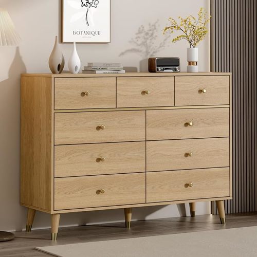 9 Drawers Dresser for Bedroom,35.4" Tall Wood Rustic Modern Chest of Drawers with Natural Texture,with Anti-Tipping Device, Storage Dressers Organizer for Bedroom, Living Room,Oak