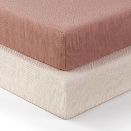 Blissful Diary Muslin Crib Sheets for Girl Boy, Boho Neutral Soft Cotton Baby Sheet for 52''x28'' Standard Crib Mattress, 2 Pack(Dusty Pink&Cream)