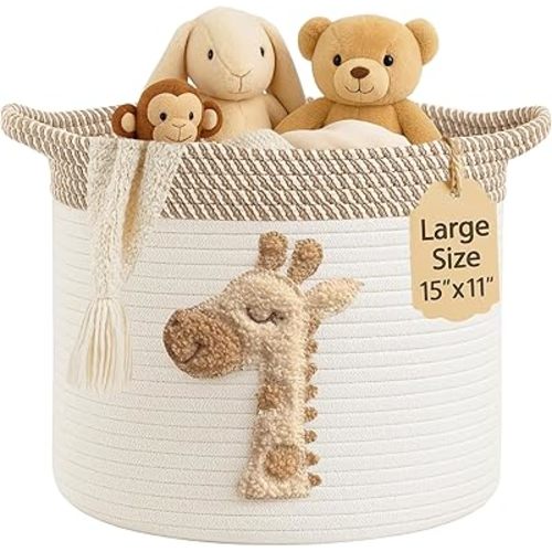 Giraffe Storage Basket for Nursery – Large 15”x11” Cotton Rope Bin with Soft Felt Animal Patch – Toy Organizer, Baby Laundry Hamper, Diaper & Towel Holder – Foldable, Washable & Baby-Safe