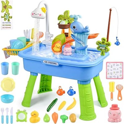 2027 Upgraded 4-in-1 Water Table for Toddlers 1-3, Kids Sensory Table with Electric Water Pump & Faucet, Kitchen Play Sink Toys with Food Accessories, Fishing Toy