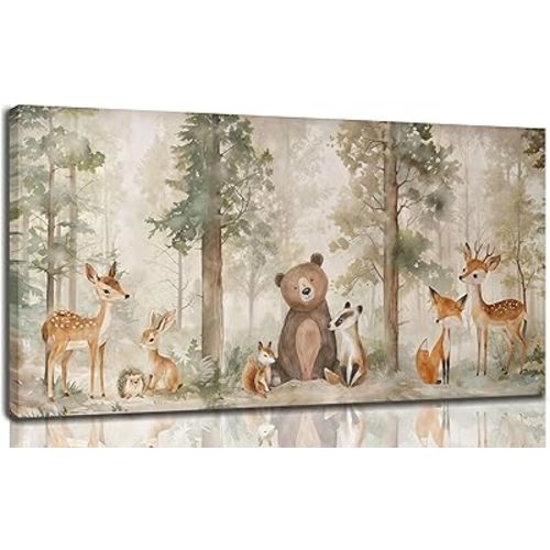 Woodland Animal Nursery Canvas Wall Art Wild Animals Forest Paintings Pictures Wall Decor Fox Bear Deer Watercolor Poster Print Artwork for Boys Room Girls Room Home Decoration （Framed）
