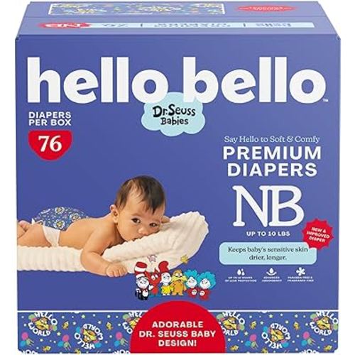 Hello Bello Dr. Seuss Babies Premium Diapers, Size NB, 76 Count: Softness & Protection for Sensitive Skin