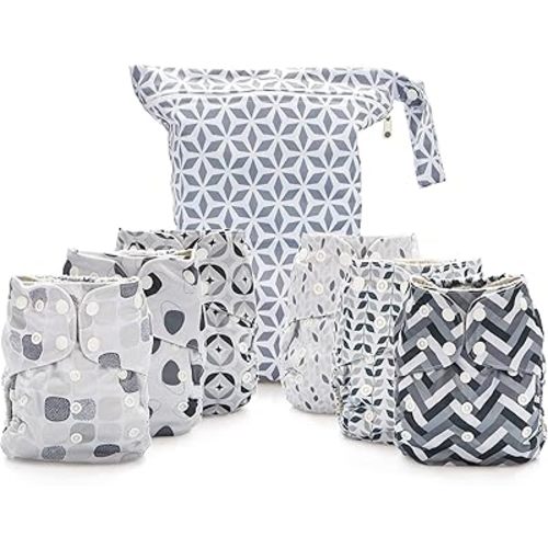 Simple Being Reusable Cloth Diapers, Double Gusset, One Size Adjustable, Washable Soft Absorbent, Waterproof Cover, Eco-Friendly Unisex Baby Girl Boy, six 4-Layers Microfiber Inserts (Greys)