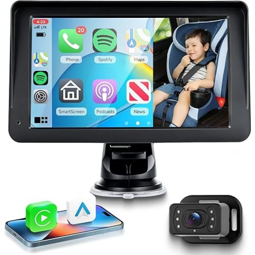 Baby Car Camera for Backseat HD 1080P, 7” IPS Screen Facing Car Baby Monitor with Wireless Carplay Android Auto Super Link, Support Night Vision Adjustable View Angle Easy Setup FM BT GPS