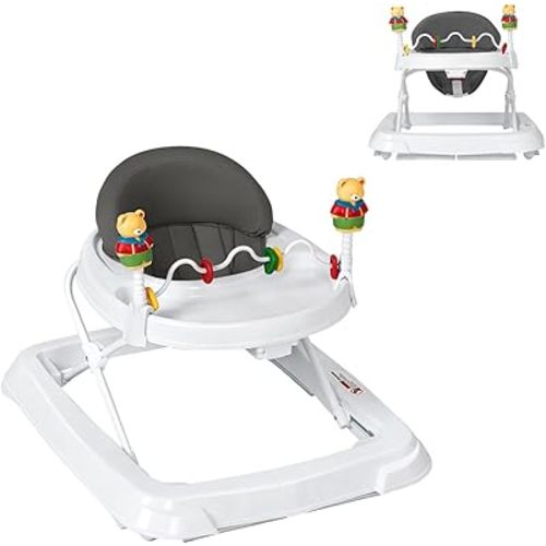 Baby Walker, Collapsible Baby Activity Walker with Walking Toys & 3-Levels Adjustable Height, Comfy High Back Seated Baby Walker with Wheels for Boys & Girls (Grey)