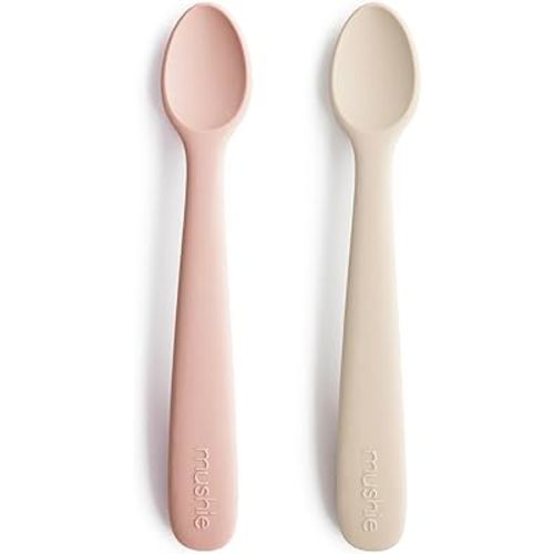 mushie Silicone Baby Feeding Spoons | 2 Pack (Blush/Shifting Sand)