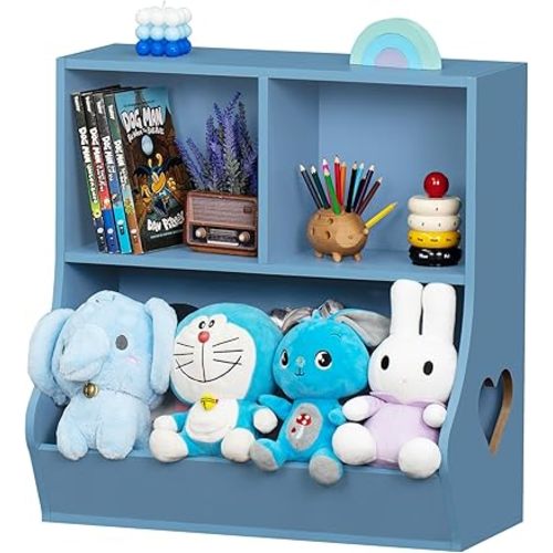Lerliuo Baby Toddler Bookshelf and Storage Organizer, Kids Cabinet and Bookcase, Wooden 3 Cubby Children Book Shelf for Playroom, Bedroom, Nursery, School 23.62'' H (Blue)