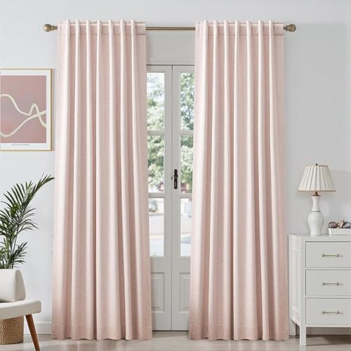 Blackout Curtains 84 Inch Long for Girls Bedroom Living Room, Linen Drapes Thermal Insulated Room Darkening Noise Reducing Pink Black Out Curtain with Back Tab 2 Panels Set