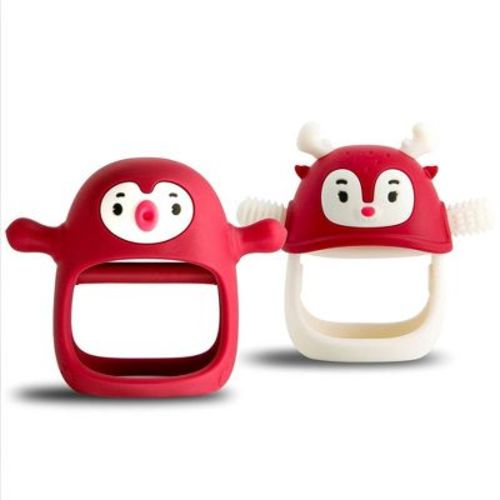 Smily Mia 2 in 1 Reindeer & Penguin Baby Teething Toy Set for Infants 3 Months Plus, Soothing Wearable Baby Chew Toy Sucking Needs - Red