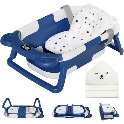 MoreFeel Collapsible Baby Bathtub for Newborn with Thermometer & 1 Soft Floating Cushion & 1 Bath Net,Portable Travel Bathtub with Drain Hole, Durable Foldable Baby Tubs for Infants to Toddler