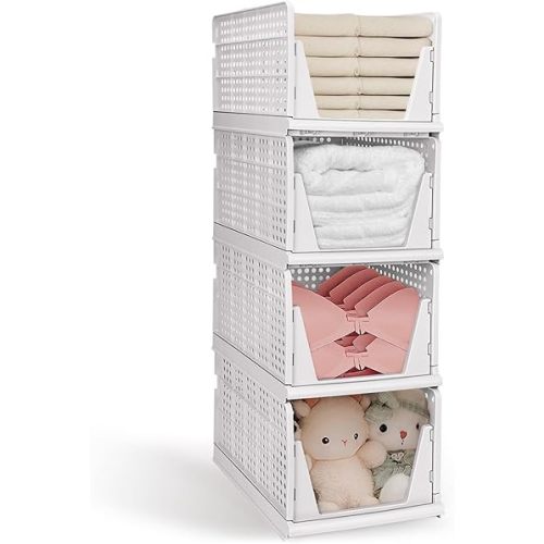 XL Stackable Plastic Storage Basket, 4 Packs closet storage bins for clothes sweater organizer for closet Folding closet organizers and storage Closet Shelf Storage Container for Cupboard Bedroom 4XL