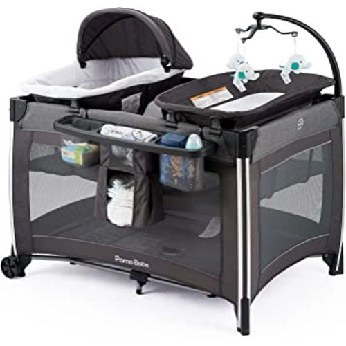 Pamo Babe 4 in 1 Portable Baby Crib Deluxe Nursery Center, Foldable Travel Playard with Bassinet, Mattress, Changing Table for Newborn, Infant, Toddler(Grey)